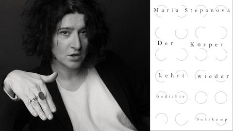 Zu sehen sind die Autorin Stepanova und das Buchcover