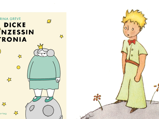 Buchcover zu Katharina Greves Comic "Die dicke Prinzessin Petronia", im Hintergrund eine Zeichnung von Antoine de Saint Exupérys kleinem Prinzen