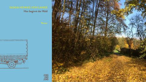 Buchcover Saskia Hennig von Lange: "Hier beginnt der Wald" und im Hintergrund Waldlandschaft