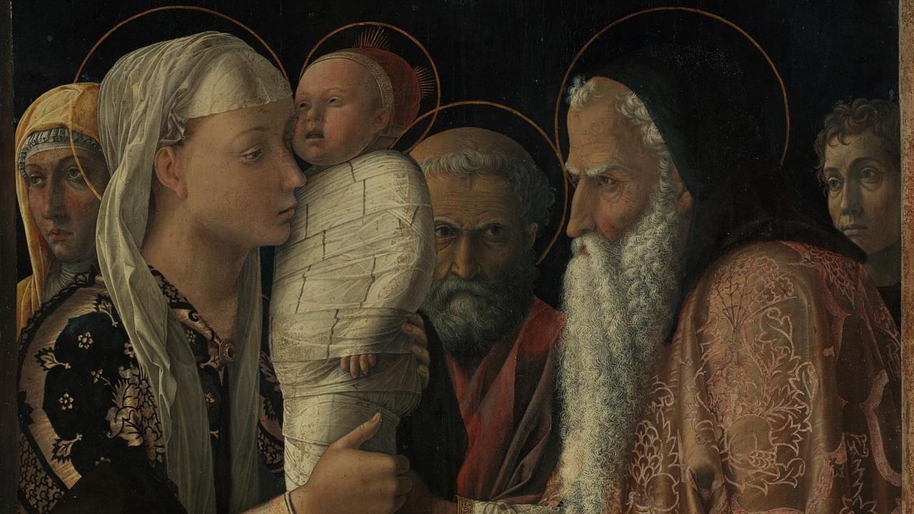 Das Gemälde von Andrea Mantegna aus dem Jahr 1454 ist in Eitempera auf Leinwand gemalt. Es zeigt den in weißen Stoff gewickelten Jesus auf dem Arm von Maria wie er verschiedenen Heiligen im Tempel präsentiert wird.