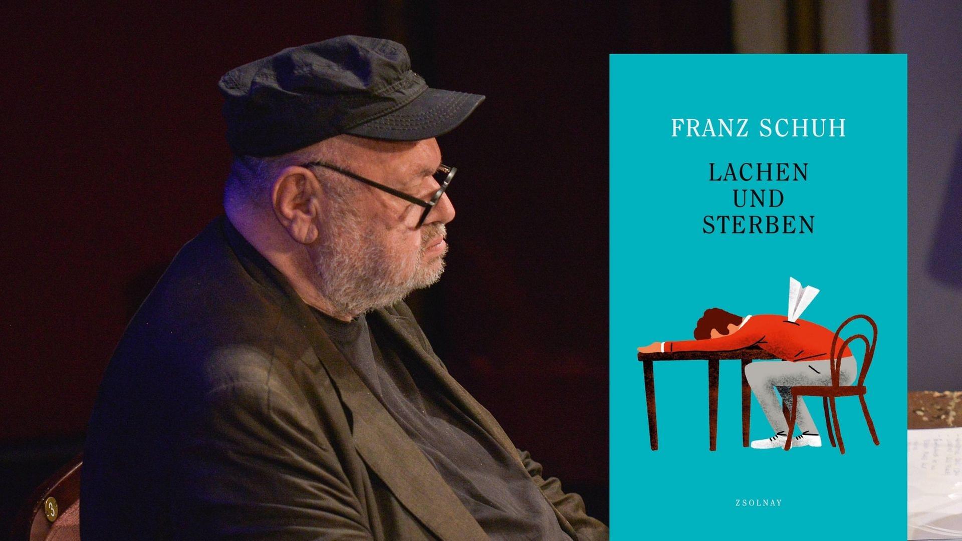 Franz Schuh bei einer Lesung 2016 und sein Buch "Lachen und Sterben"