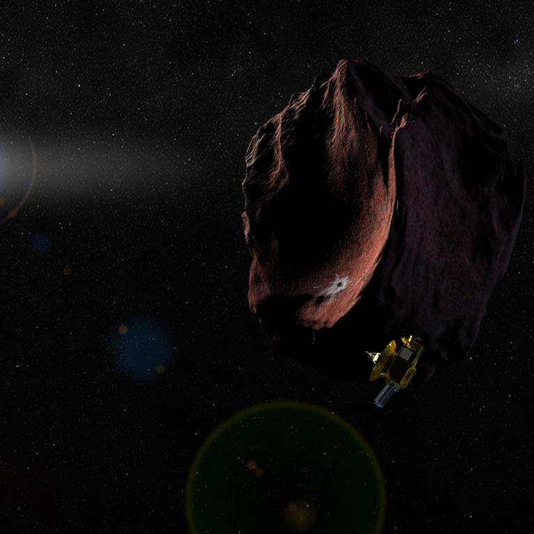 Künstlerische Darstellung des Vorbeiflugs von New Horizon an einem Objekt des Kuiper-Gürtel.