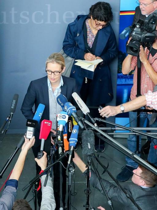 Alexander Gauland und Alice Weidel, umringt von Mikrofonen und Journalisten.