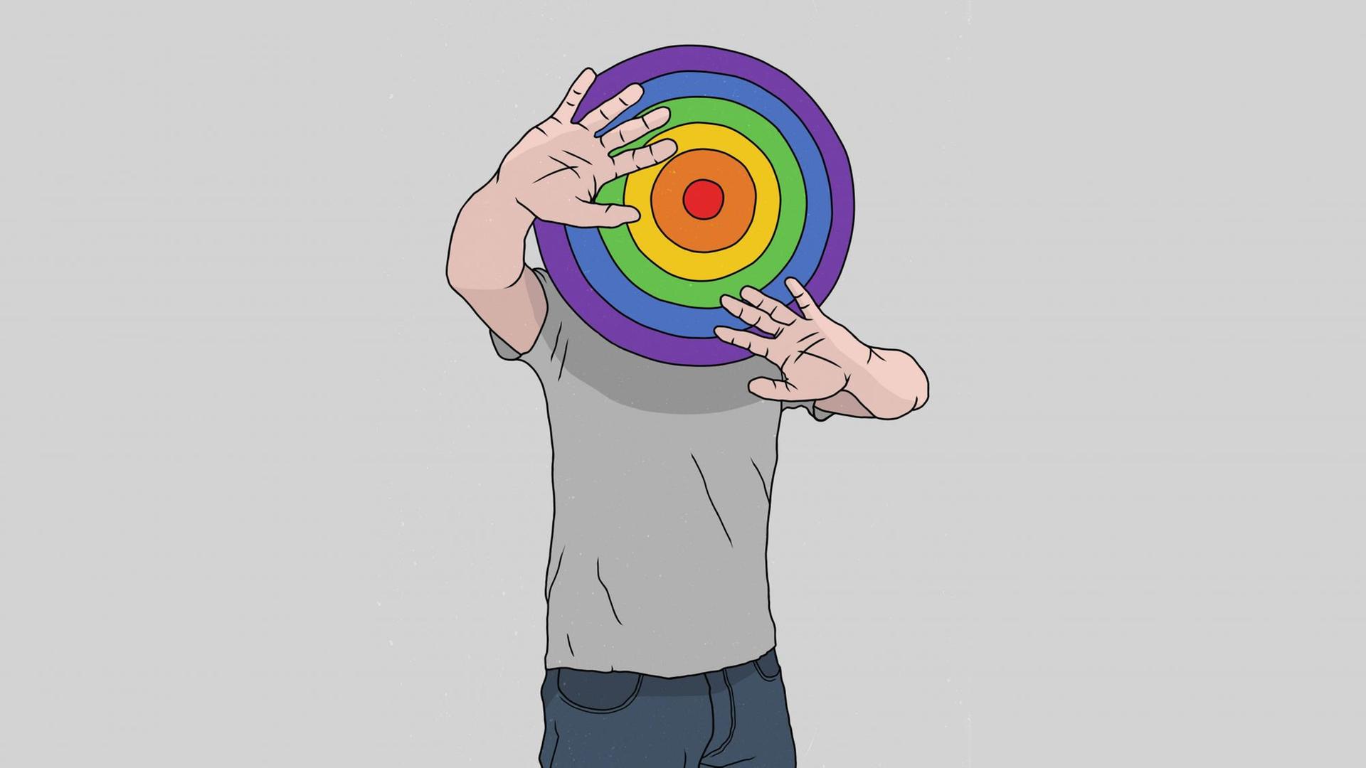 Illustration einer Person in grauem T-Shirt, deren Kopf eine regenbogenfarbene Dartscheibe ist. Die Hände sind abwehrend erhoben.