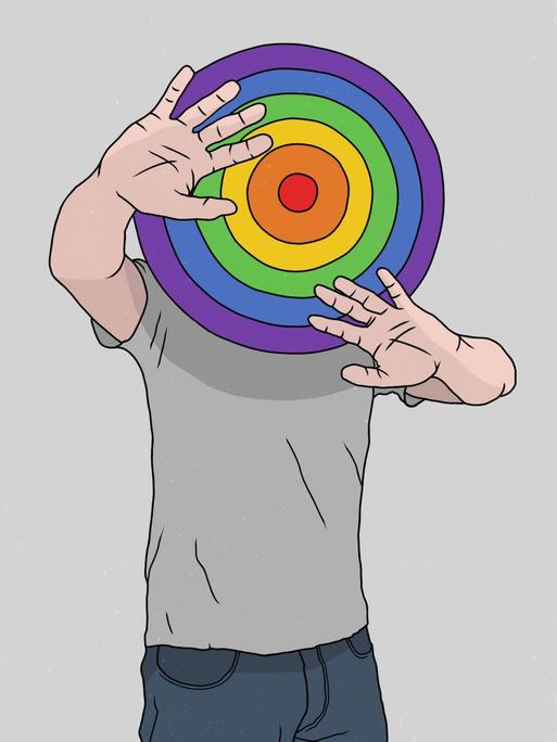 Illustration einer Person in grauem T-Shirt, deren Kopf eine regenbogenfarbene Dartscheibe ist. Die Hände sind abwehrend erhoben.