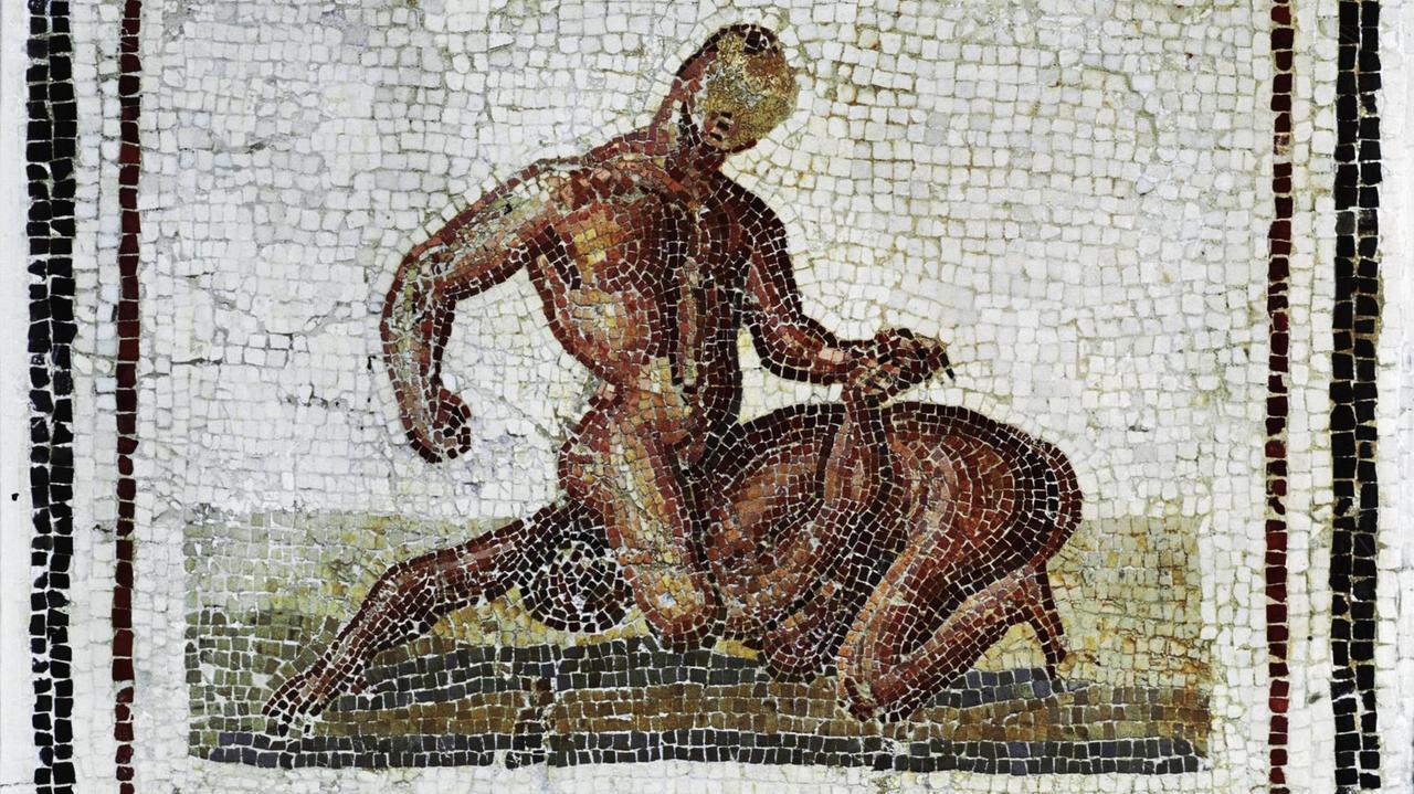 Dieses römische Fußbodenmosaik aus der 2. Hälfte des 2. Jahrhunderts zeigt zwei Athleten beim Ringkampf.