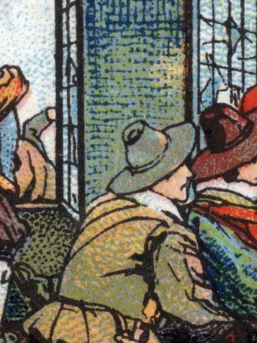 Zeichnerische Darstellung des Prager Fenstersturzes, der zum Dreißigjährigen Krieg führte. Chromolithographie von 1936. (Datum geschätzt)