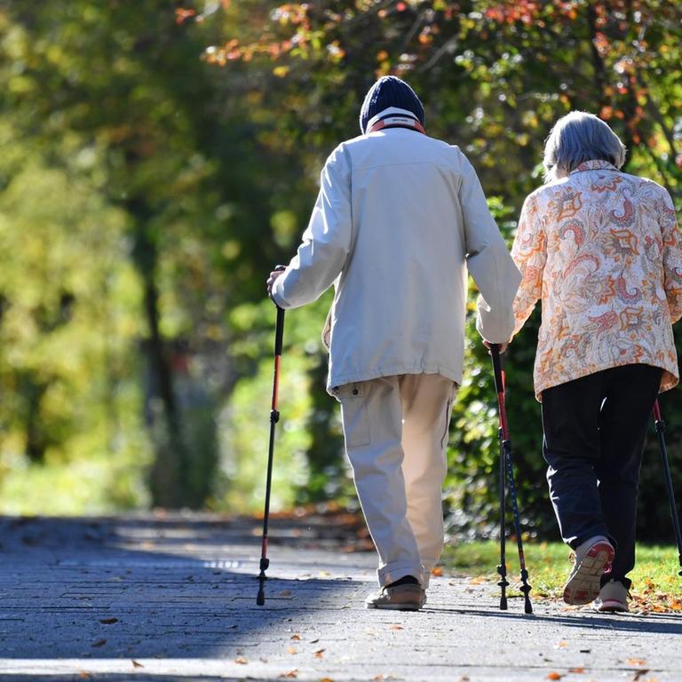 Ein altes Ehepaar beim Nordic Walking.