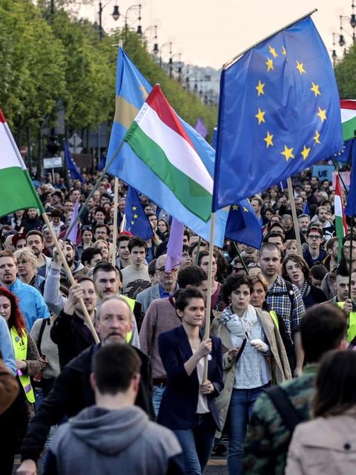 Demonstranten schwenken ungarische und europäische Fahnen.