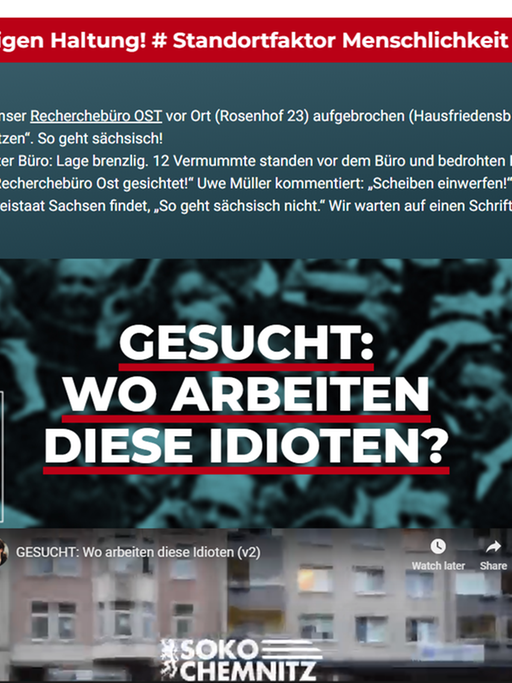 Screenshot der Webseite https://soko-chemnitz.de/. Dort ruft das Künstlerkollektiv "Zentrum für politische Schönheit" dazu auf, Menschen, die angeblich an rechtsradikalen Demos teilgenommen haben, zu denunziieren.