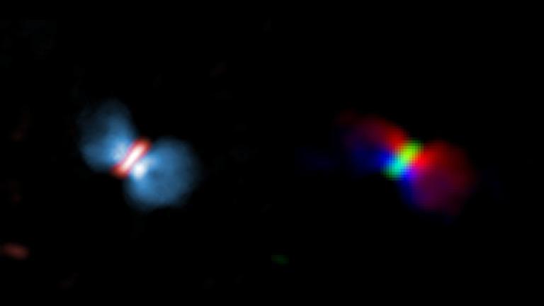 Gegenüberstellung der Intensitätsmessung der Quelle Orion KL I (links) mit der Bestimmung der Dopplerverschiebung (rechts): aus diesen Beobachtungen lässt sich die Rotation des Materiejets ableiten 