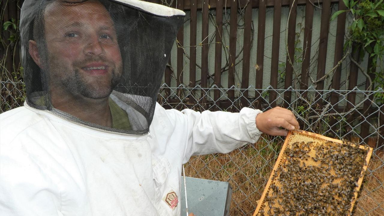 Martin Perschke mit weißer Schutzhülle und Bienenwabe