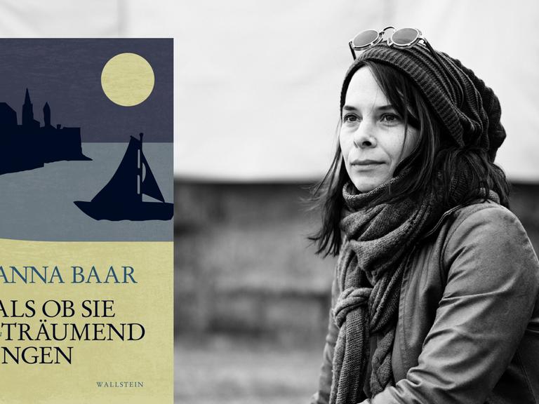 Die Schriftstellerin Anna Baar, in das Foto hineinmontiert das Cover ihres Buches "Als ob sie träumend gingen"