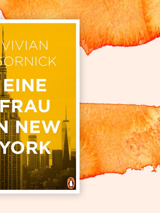 Orangenes Buchcover mit der Skyline von New York, vor einem Aquarell-Hintergrund.