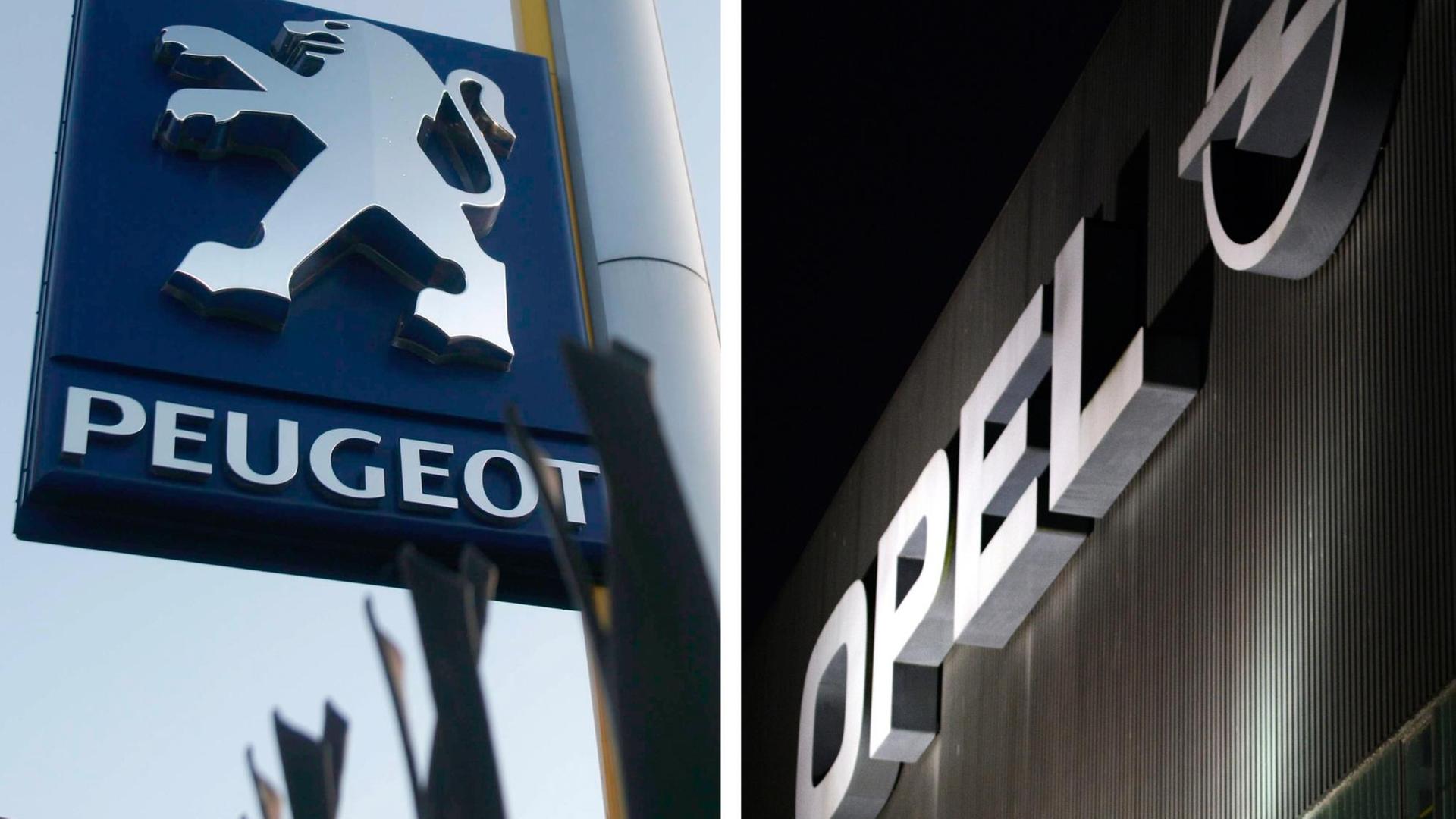 Foto-Montage: links das Logo von Peugeot, rechts das Logo von Opel
