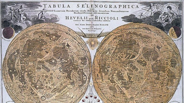 Historische Mondkarte, die auf die Beobachtungen von Grimaldi, Riccioli und Hevelius zurückgeht