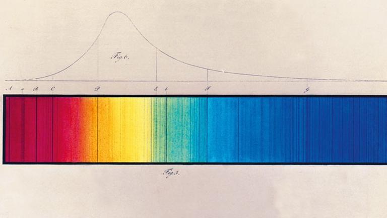 Ausschnitt aus dem Spektrum der Sonne (gezeichnet von Joseph von Fraunhofer) mit den charakteristischen Linien.