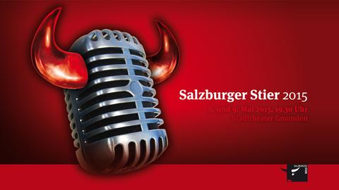 Das Logo vom Salzburger Stier 2015: Ein Mikrofon mit Hörnern auf rotem Hintergrund.