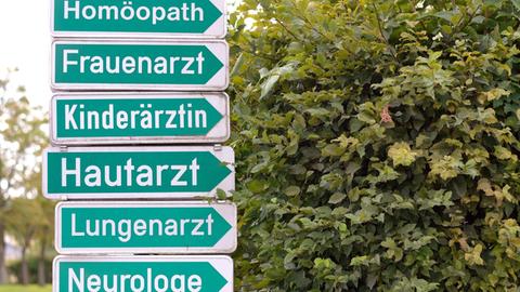 Schilder mit beschrifteten Pfeilen zu Fachärzten wie Homöopath, Kinderärztin oder Neurologe.