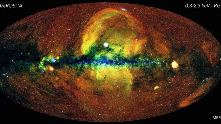 Karte des gesamten Himmels, erstellt vom Röntgenteleskop eRosita – die verschiedenen Farben stellen unterschiedliche Energien dar
