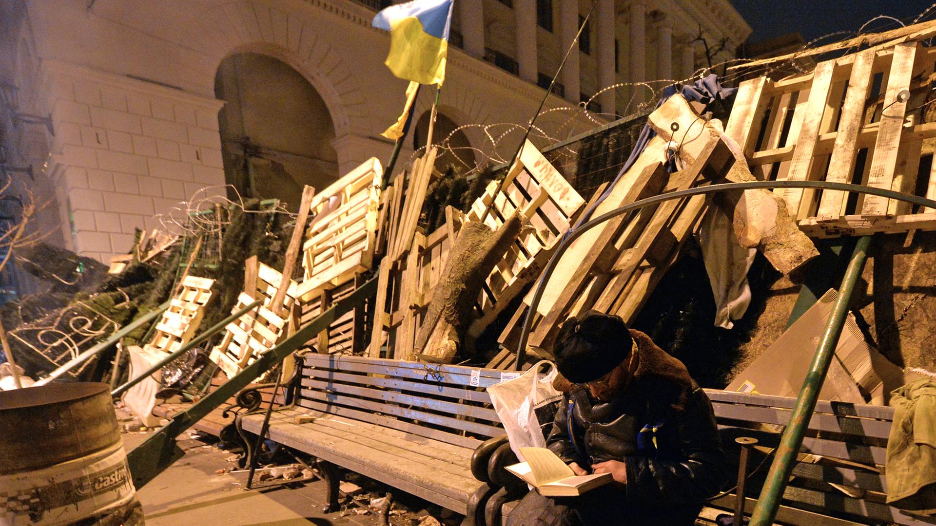 Ein Demonstrant vor den Barrikaden in Kiew