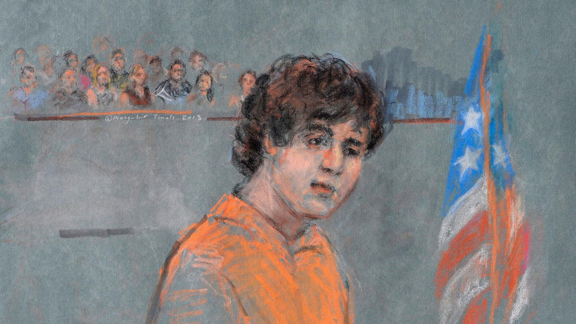 epa03783394 An artist's drawing of Dzhokhar Tsarnaev during his arraignment on 30 federal charges stemming from the events surrounding the Boston Marathon Bombing, in the Joseph Moakley Federal Court House in Boston, Massachusetts, USA, 10 July 2013. Tsar