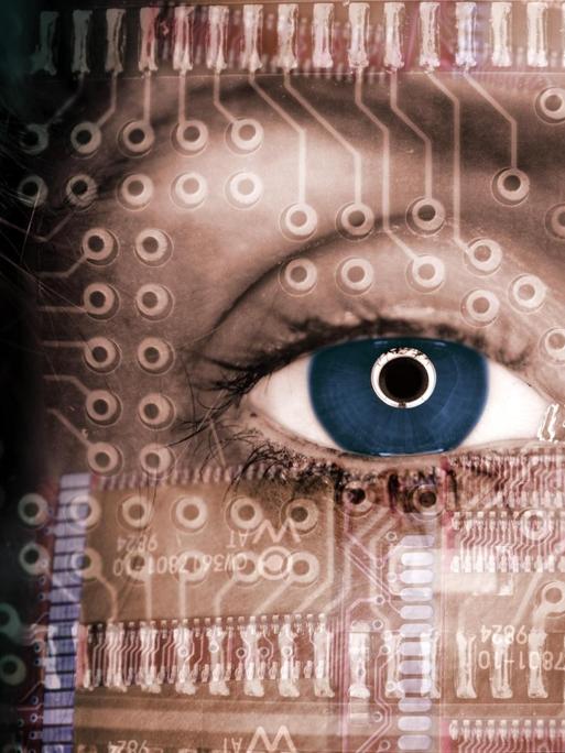 Weibliches Gesicht mit Computerplatinen, Symbolfoto künstliche Intelligenz
