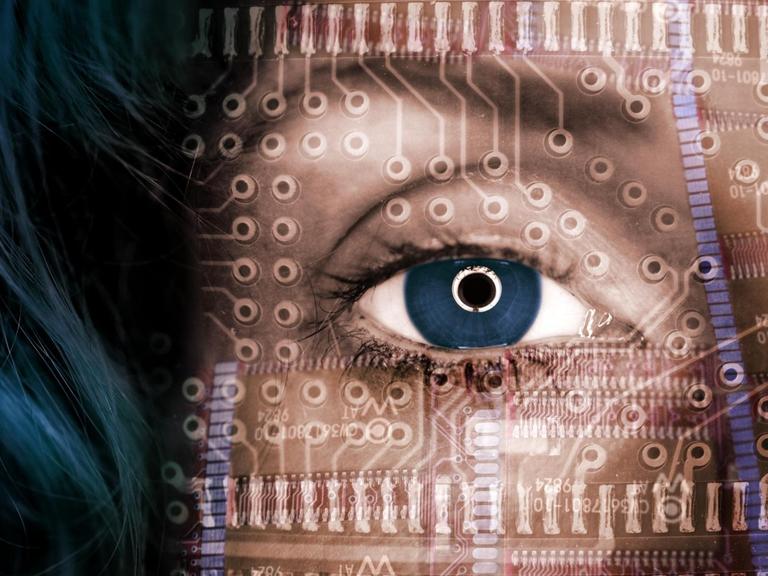 Weibliches Gesicht mit Computerplatinen, Symbolfoto künstliche Intelligenz
