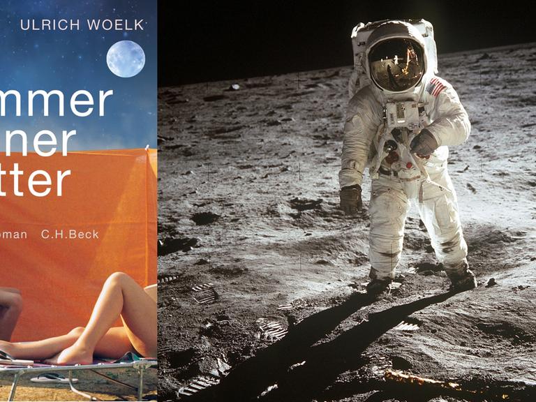 Buchcover: Ulrich Woelk: „Der Sommer meiner Mutter“ und Astronaut Buzz Aldrin auf dem Mond