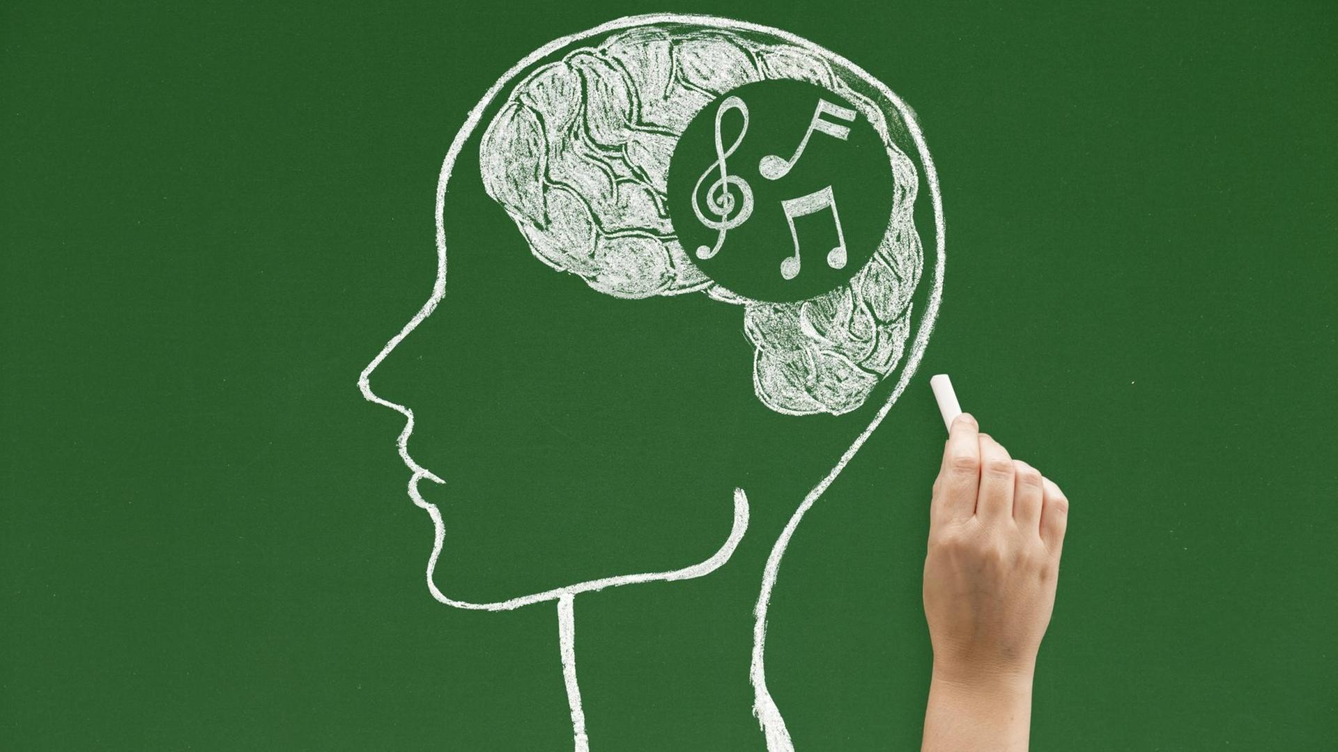 Illustration: eine Hand malt mit Kreide Musiknoten in ein menschliches Gehirn.
