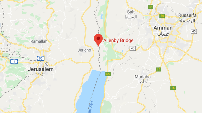 Der Kartenausschnitt zeigt die Grenze zu Jordanien mit dem Übergang der Allenby-Brücke. Der Kartenausschnitt zeigt die Grenze zu Jordanien mit dem Übergang der Allenby-Brücke.