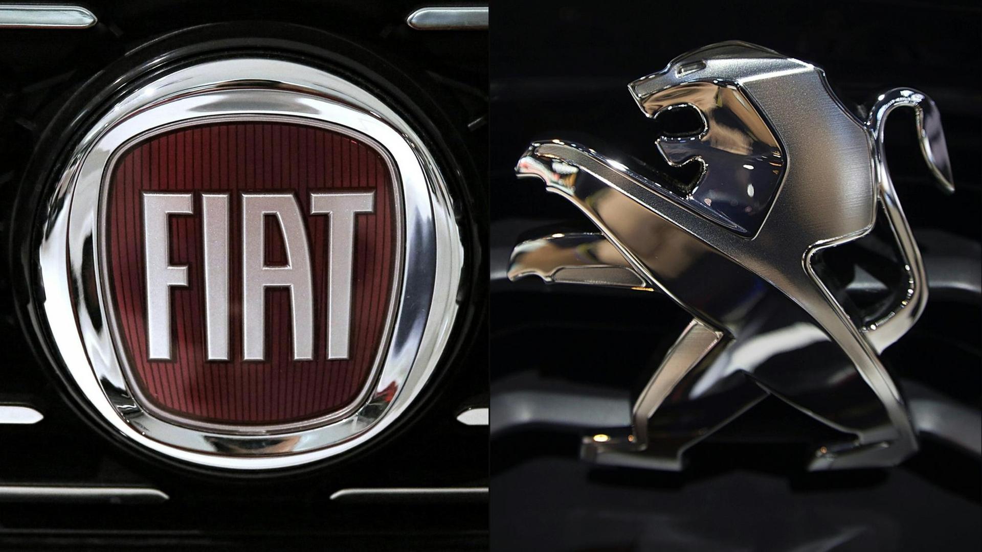 Die Logos der Automarken Fiat und Peugeot in einer Bildmontage.