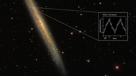 Die Position des Pulsars in der rund 50 Millionen Lichtjahre entfernten Galaxien NGC 5907.