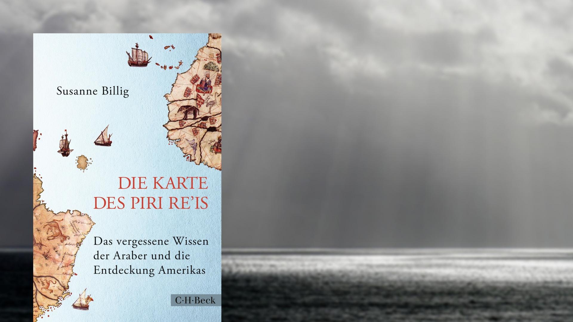 Buchcover "Die Karte des Piri Re'is" von Susanne Billig, im Hintergrund Wolken über dem Atlantik