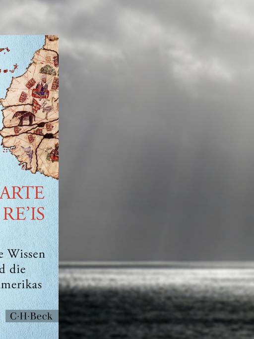 Buchcover "Die Karte des Piri Re'is" von Susanne Billig, im Hintergrund Wolken über dem Atlantik