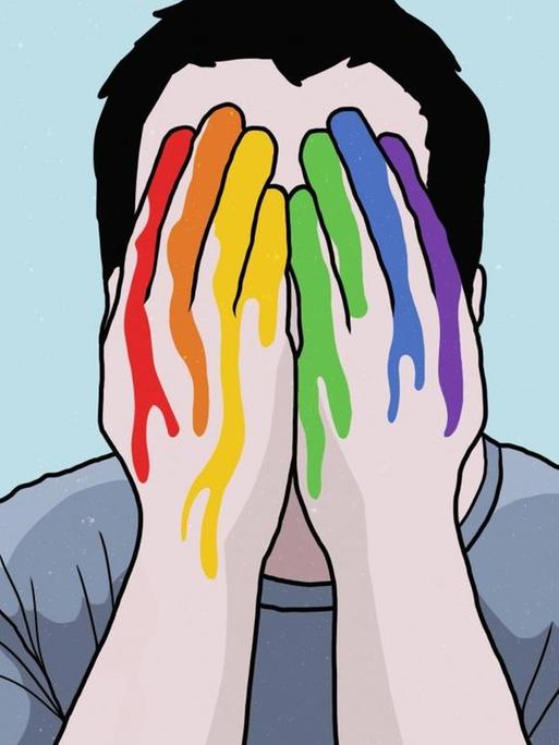 Ein Mann bedeckt sein Gesicht mit regenbogenfarbenen Händen.