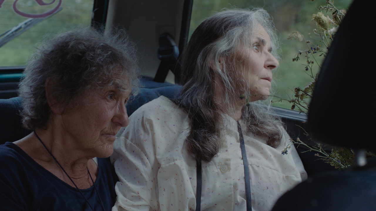 Szene aus dem Film "Neubau": Zwei ältere Frauen sitzen in einem Auto und blicken in die Ferne.