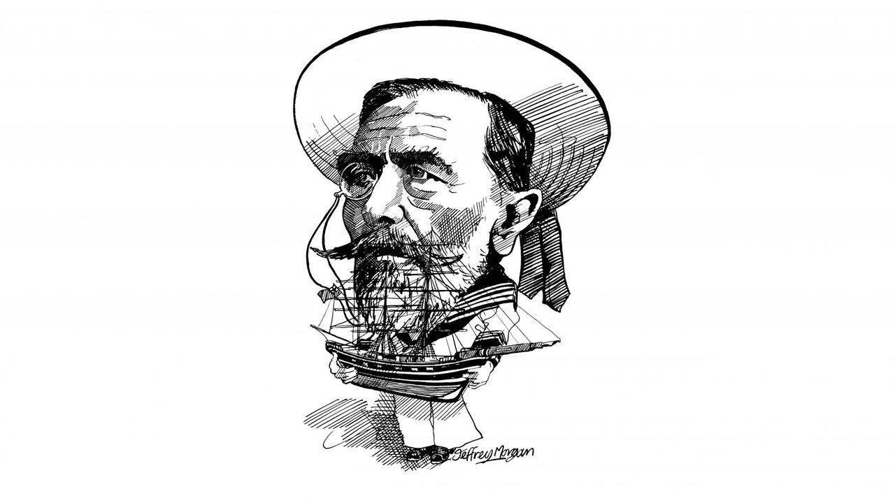 Eine Karikatur zeigt Joseph Conrad mit einem Segelschiff in den Händen.