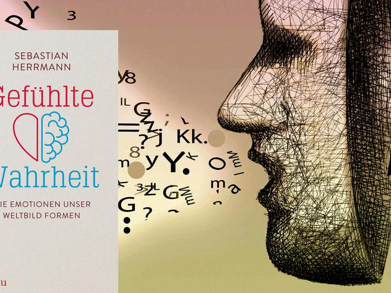 Cover von Sebastian Herrmanns Buch "Gefühlte Wahrheit". Im Hintergrund ist eine Illustration zu sehen, die einen Mann mit Lautsprecher zeigt, der sich hinter einer riesiegen Maske versteckt und von dort aus, Ansagen macht.