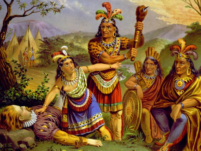 Illustration: Pocahontas rettet das Leben von Kapitän John Smith, 1870.