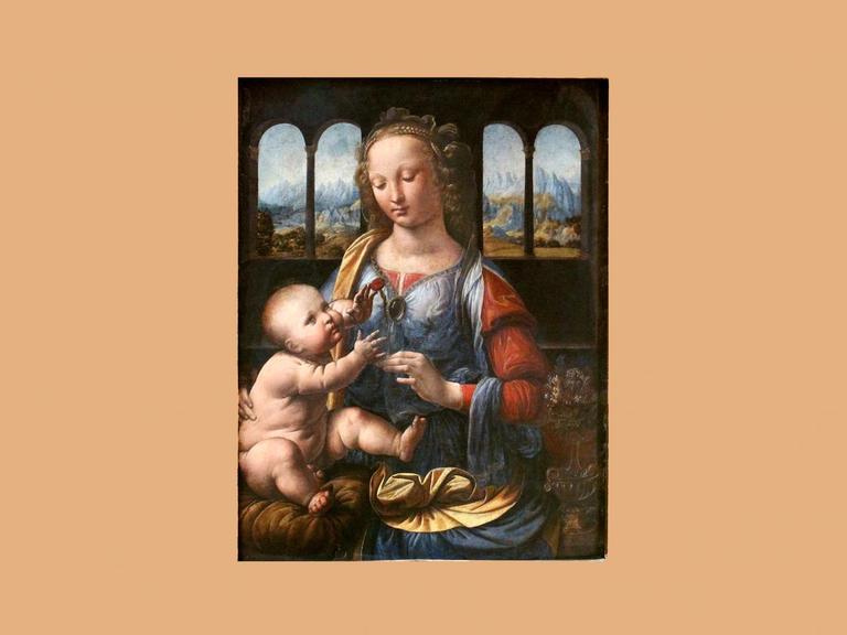 Das Bild zeigt eine junge Madonna mit dem Christuskind, ein häufiges Motiv in der christlichen Kunst des Mittelalters.