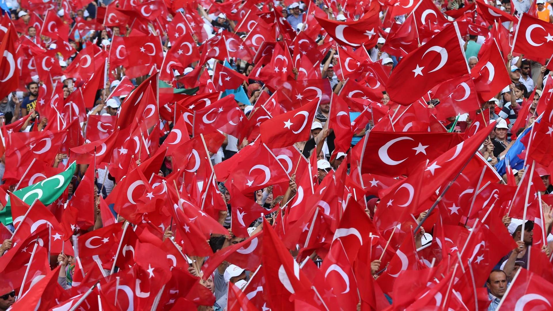 Sie sehen hunderte türkische Fahnen auf einer Großkundgebung.