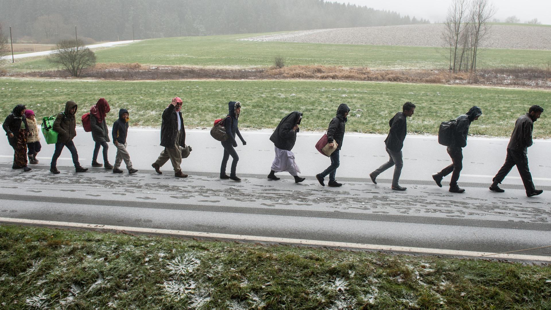 Flüchtlinge gehen an der deutsch-österreichischen Grenze nahe Wegscheid während eines Schneeschauers nach Deutschland.