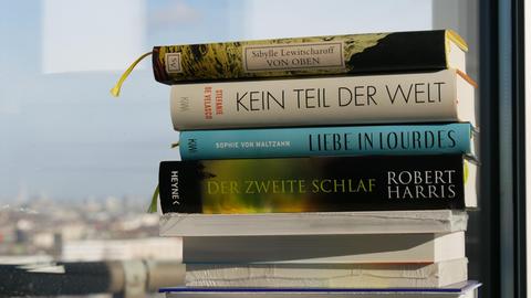Ein Bücherstapel: Sibylle Lewitscharoff: "Von oben", Stefanie de Velasco "Kein Teil der Welt", Sophie von Maltzahn "Liebe in Lourdes", Robert Harris "Der zweite Schlaf"