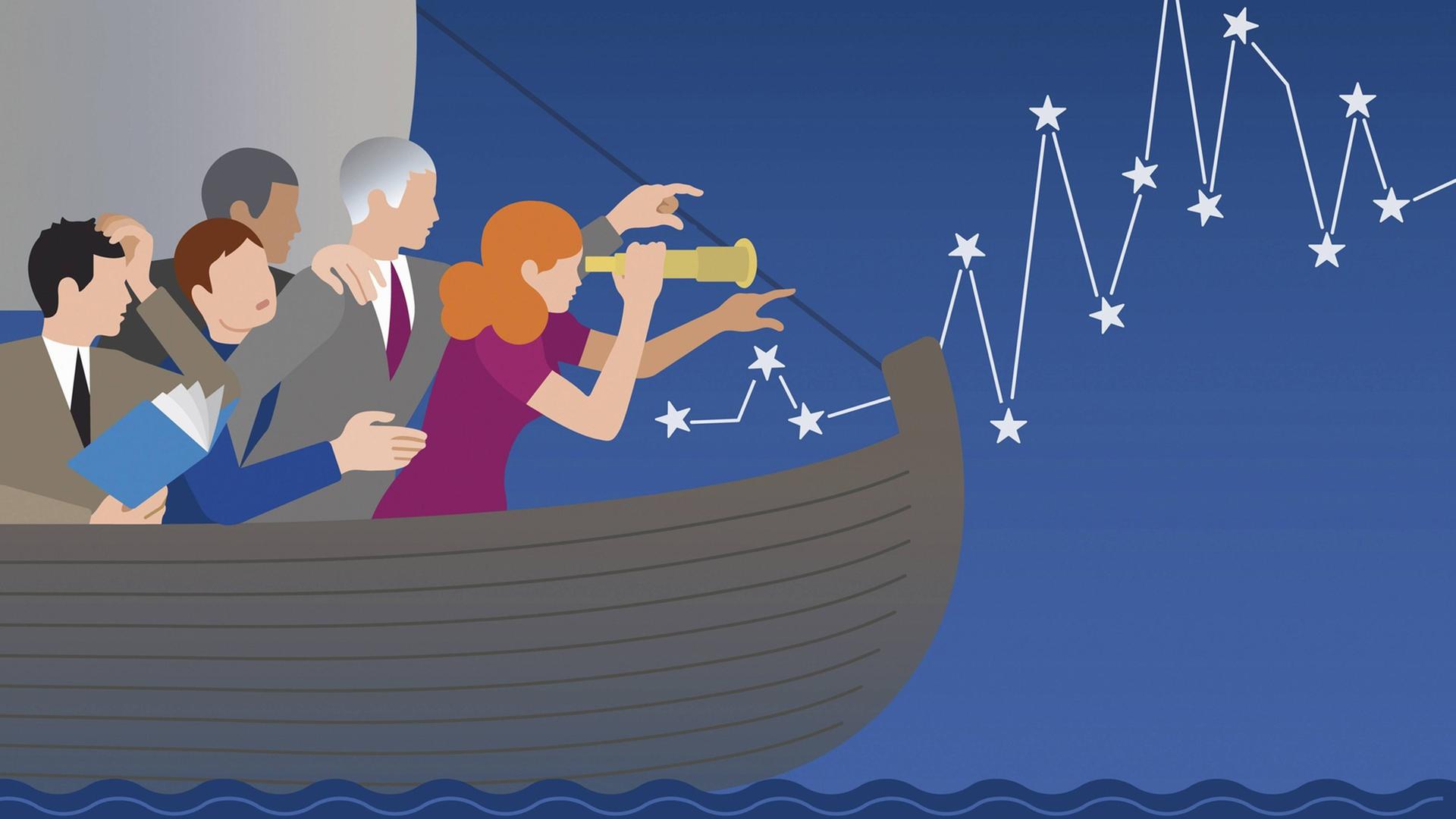 Eine Illustration zeigt Männer auf einem Boot im Meer, die versuchen, sich zu orientieren. Eine Frau gibt die Richtung vor.