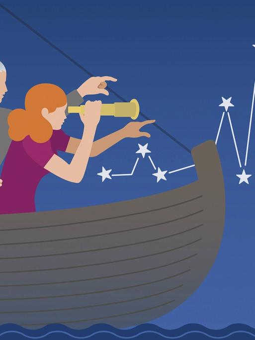 Eine Illustration zeigt Männer auf einem Boot im Meer, die versuchen, sich zu orientieren. Eine Frau gibt die Richtung vor.