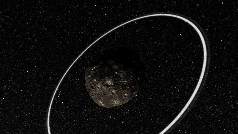 Künstlerische Darstellung des Asteroiden Chariklo mit Ringsystem