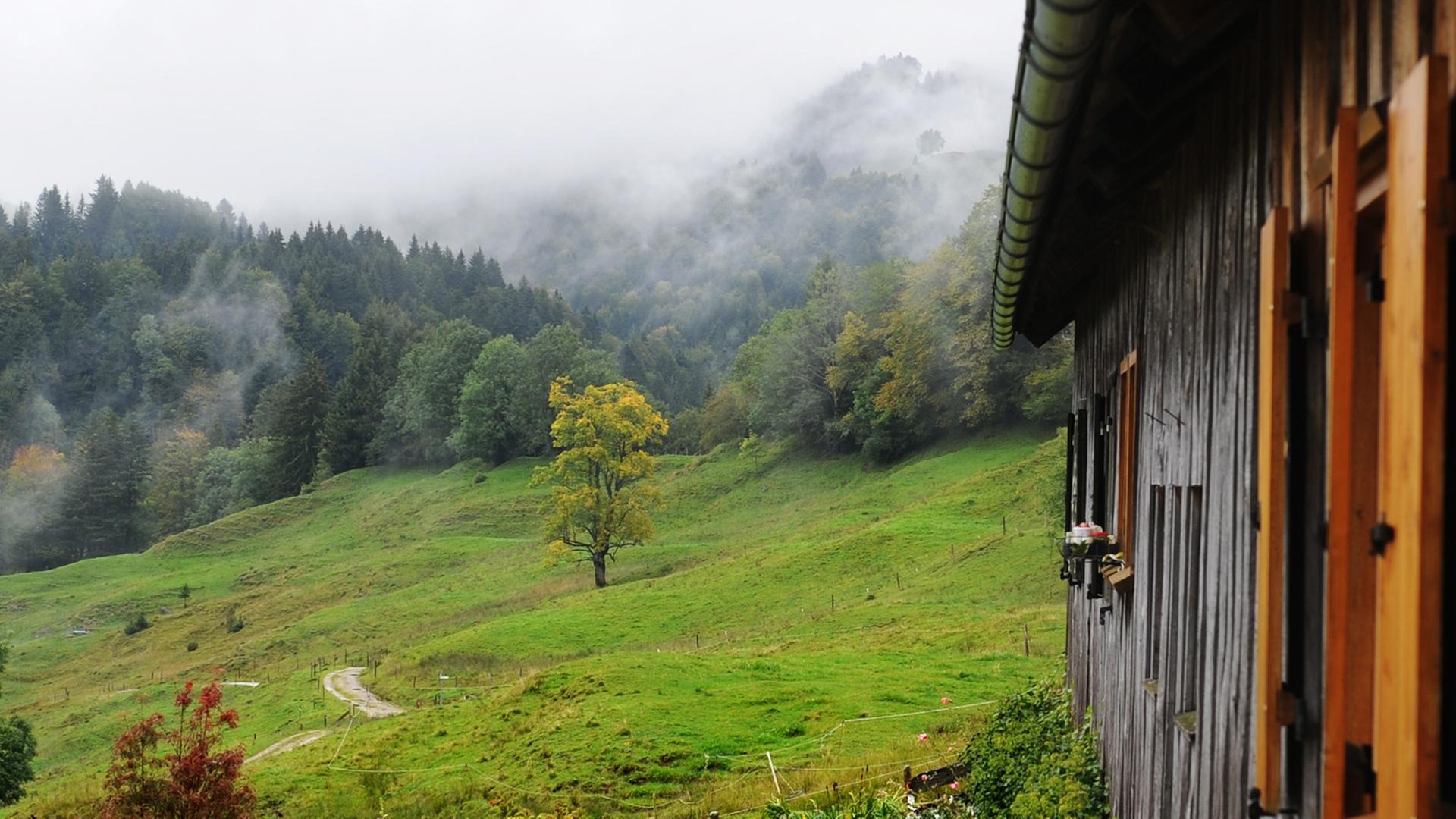 Wolken ziehen über eine Alm bei Oberstaufen im Allgaeu in Bayern.