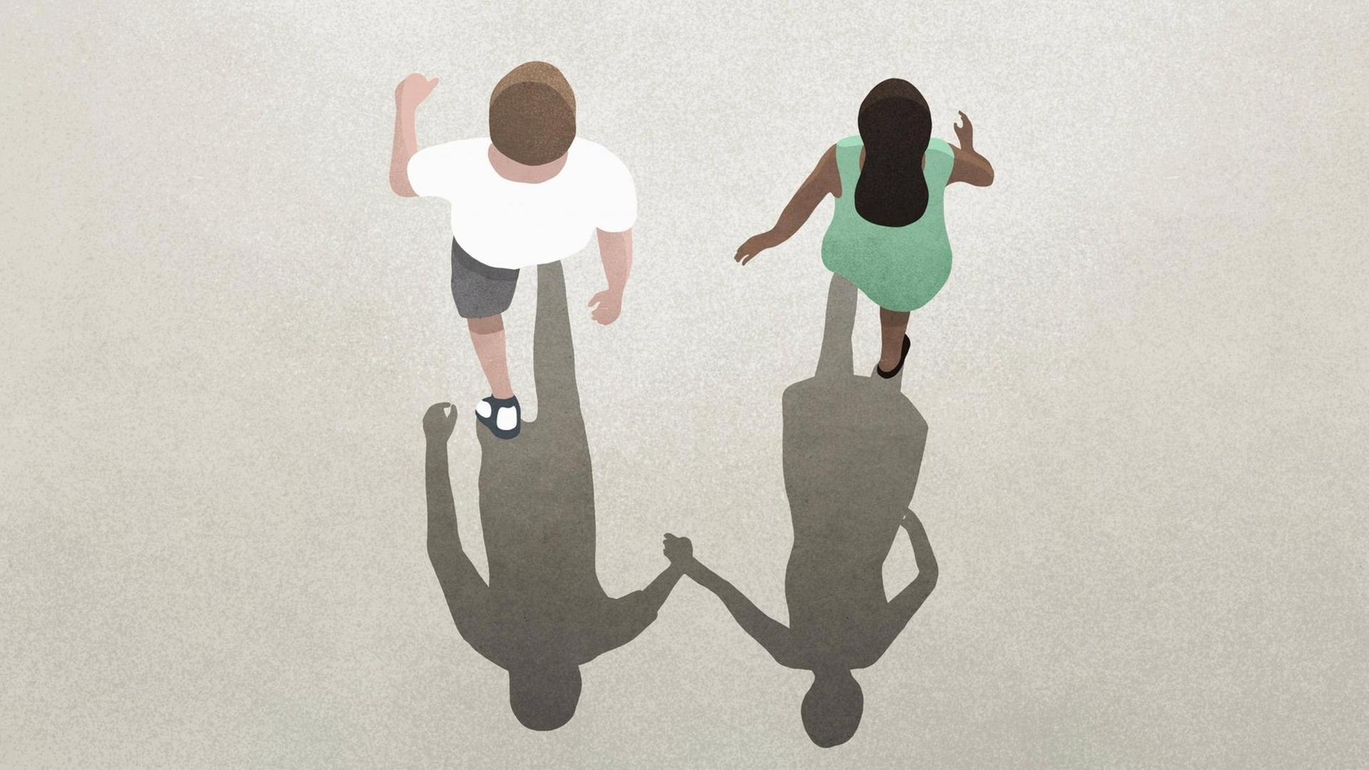 Illustration: Ein Paar - deren Schatten hält sich an den Händen, sie selbst gehen getrennt