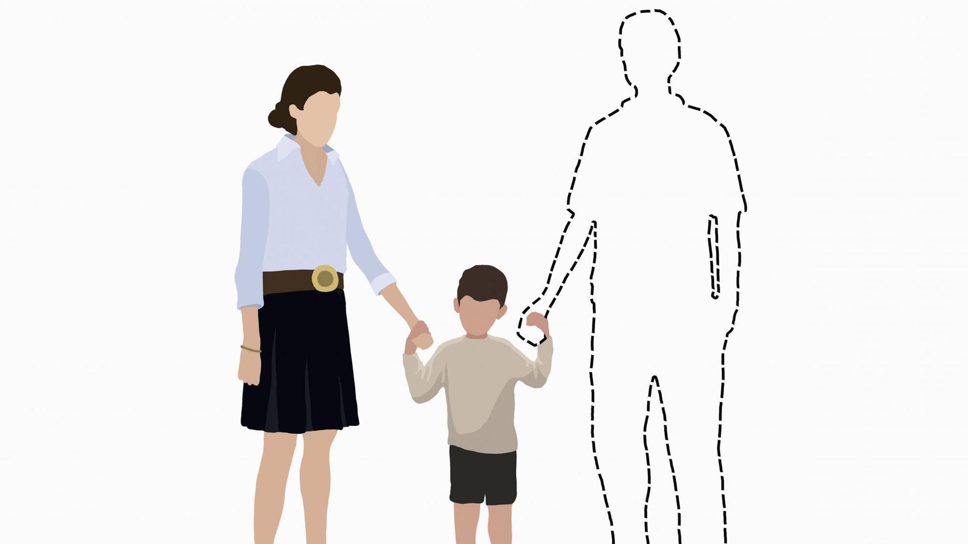 Illustration: ein Kind hält einen vermissten Vater, eine Leerstelle in gestrichelten Linien an der Hand, und an der anderen Hand seine Mutter.